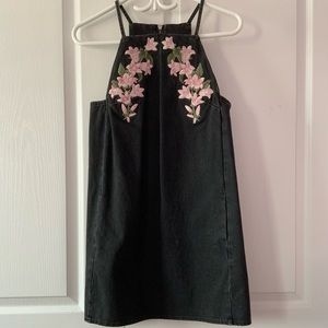 Topshop Washed Black/Dark Grey Halter Denim Mini Dress with Embroidered Flowers